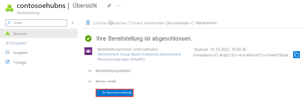 Screenshot: Seite „Bereitstellung abgeschlossen“ mit dem Link zur Ressource.