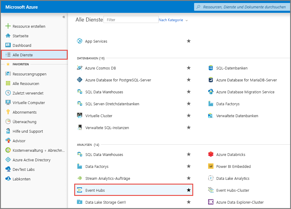 Screenshot: Auswahl von Event Hubs auf der Seite „Alle Dienste“.