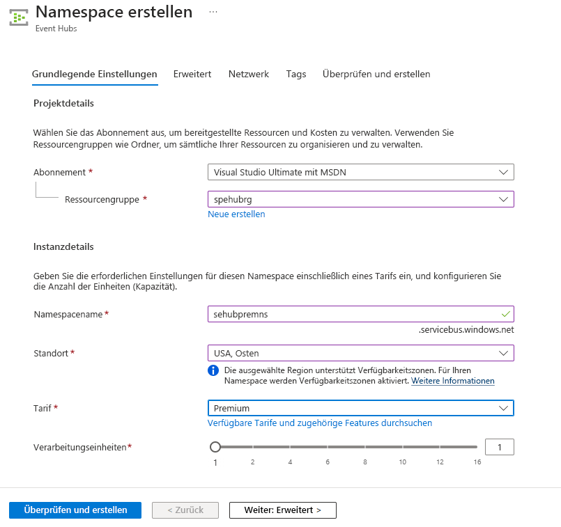 Screenshot der Einstellungen der Verarbeitungseinheiten im Assistenten zum Erstellen von Namespaces.