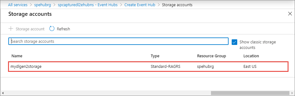 Screenshot: Auswahl des Data Lake Storage Gen 2-Kontos.