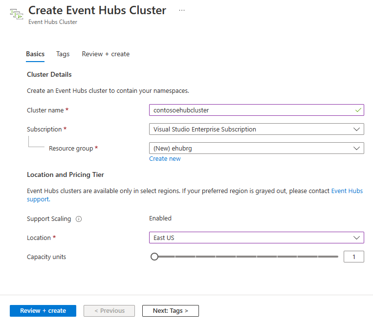 Abbildung: Seite „Event Hubs-Cluster erstellen: Grundlagen“