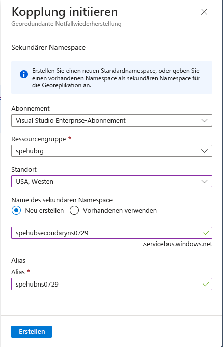 Screenshot: Auswahl des sekundären Namespaces für die Kopplung.