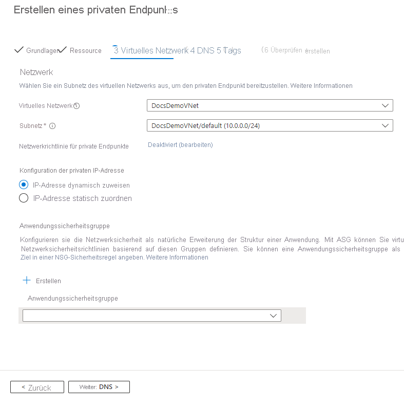 Screenshot: Seite „Virtuelles Netzwerk“ des Assistenten zum Erstellen eines privaten Endpunkts.