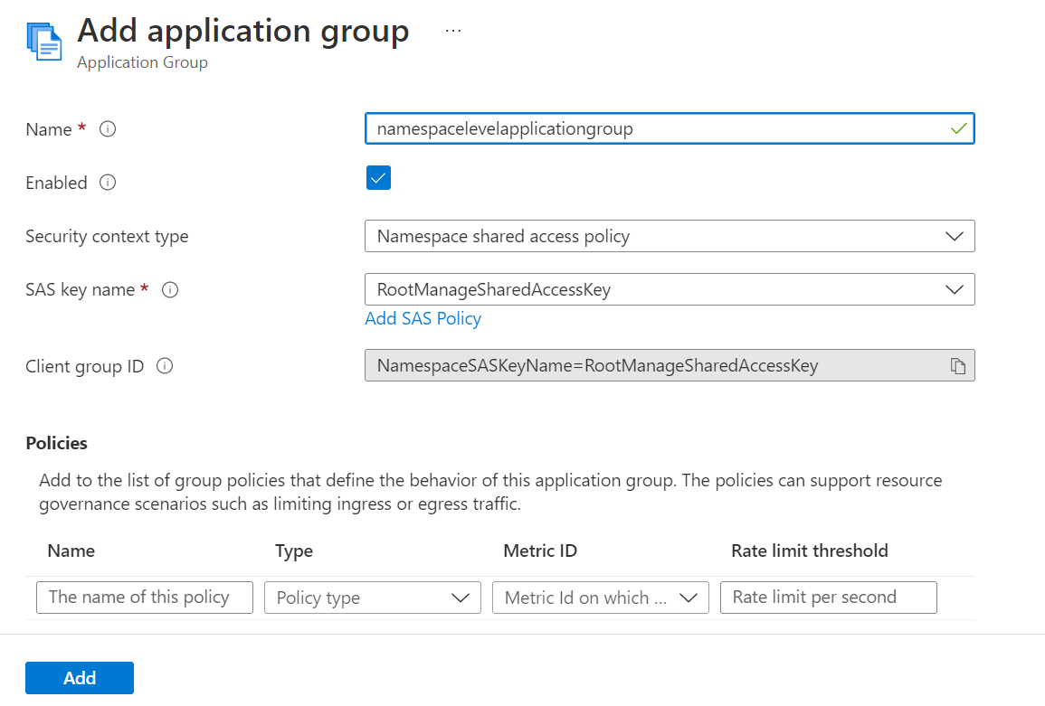 Screenshot: Seite „Anwendungsgruppe hinzufügen“ mit ausgewählter Option „SAS-Richtlinie für Namespaces“.