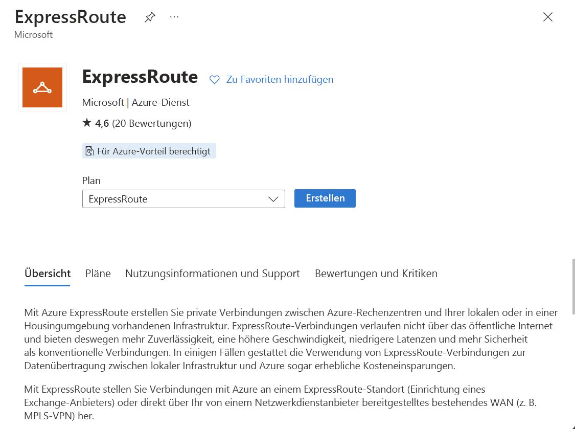 Screenshot: Erstellen einer ExpressRoute-Leitungsressource