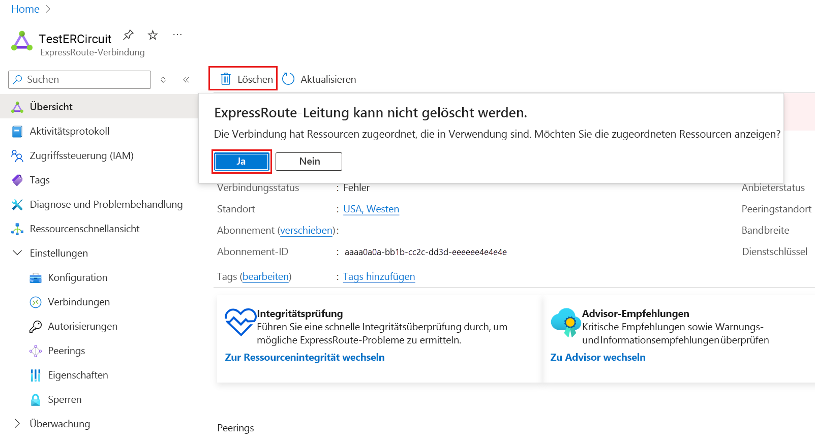 Screenshot: Aufheben der Bereitstellung einer Leitung für ExpressRoute