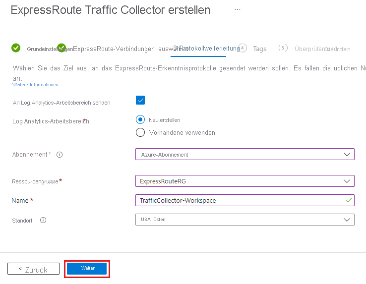 Der Screenshot der Registerkarte Logs weiterleiten an den Logs Analytics-Workspace.