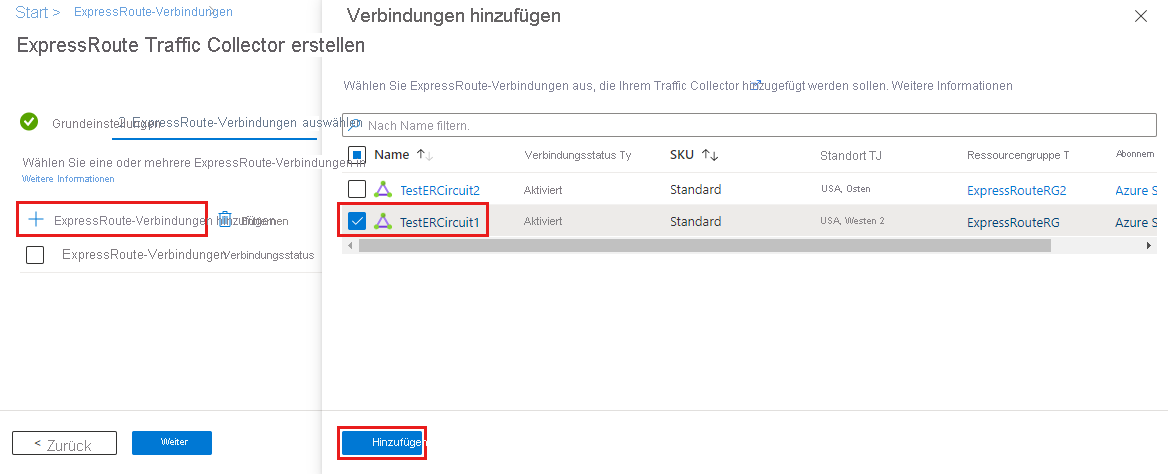 Der Screenshot der Registerkarte ExpressRoute-Verbindungen auswählen und Verbindungen hinzufügen.