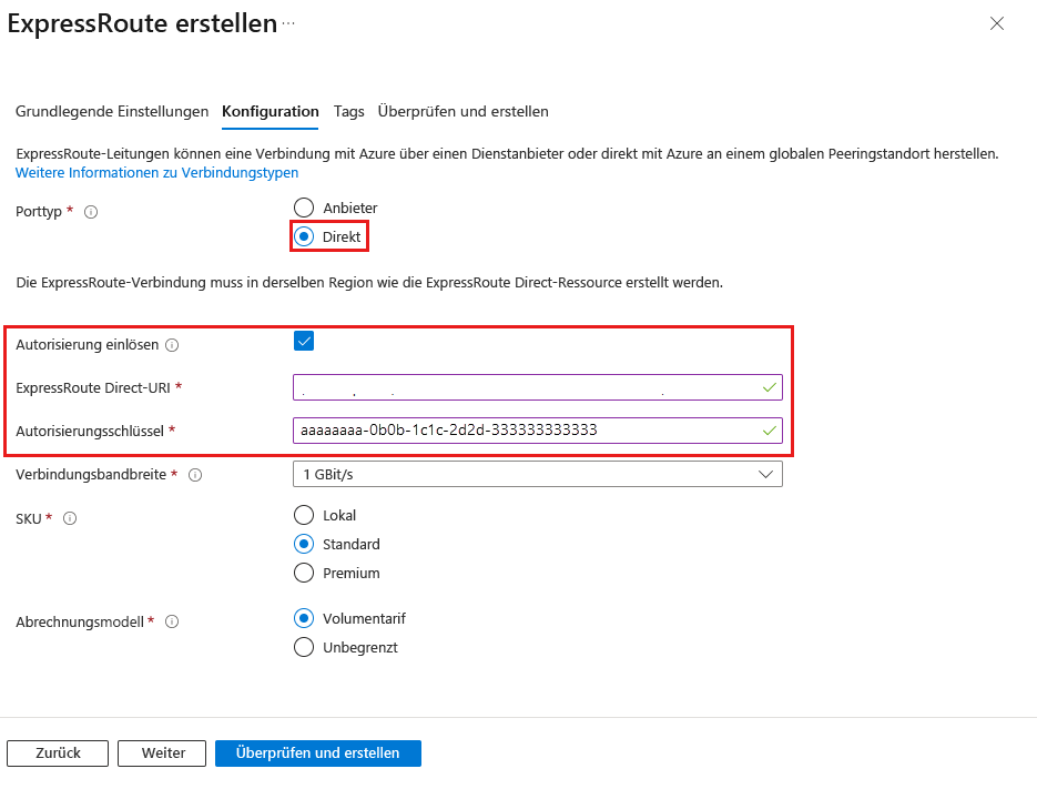 Screenshot of redeeming authorization when creating a new ExpressRoute circuit.