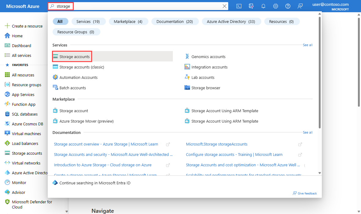 Screenshot der Suche nach „Speicherkonten“ im Azure-Portal