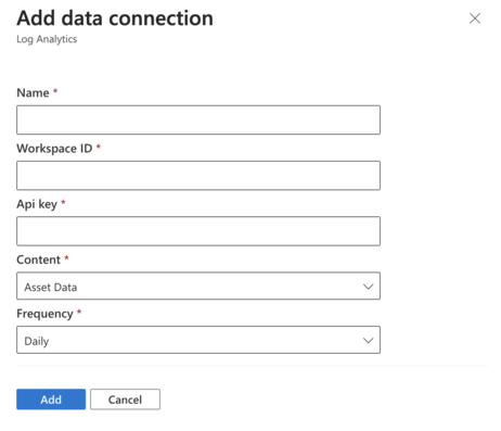 Screenshot: Bildschirm „Datenverbindung hinzufügen“ für Log Analytics