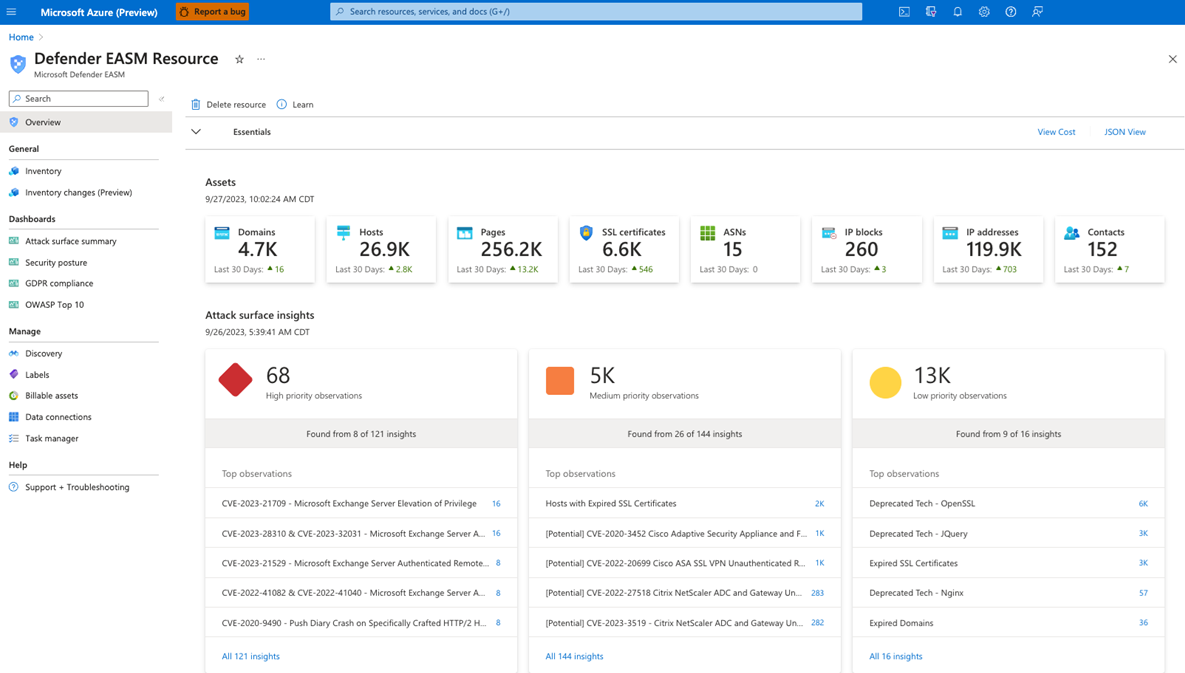 Screenshot: Dashboard „Übersicht“ in Defender EASM