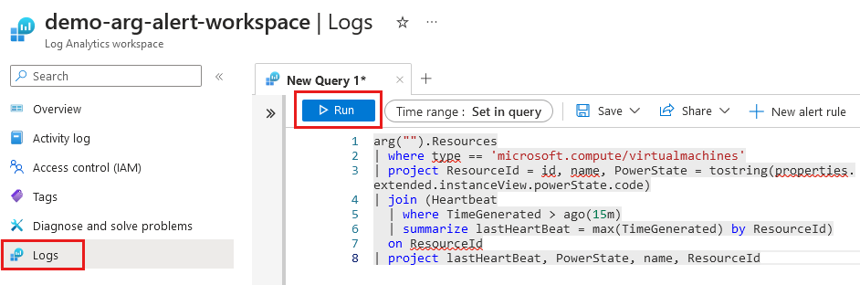 Screenshot: Log Analytics-Arbeitsbereichs mit einer Kreuzabfrage der Tabellen „Resources“ und „Heartbeat“, in dem Protokolle und die Schaltfläche „Run“ hervorgehoben sind