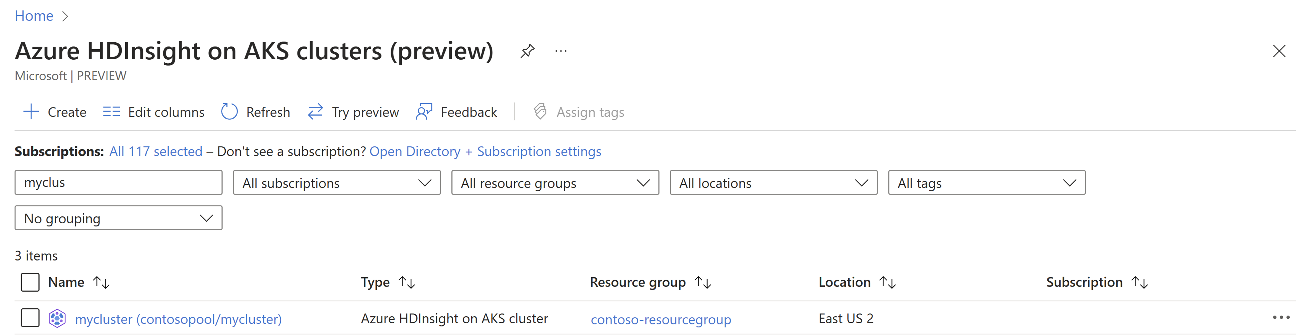 Screenshot: Auswählen des benötigten HDInsight on AKS-Clusters in der Liste