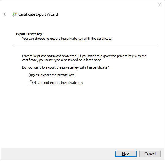 Die Seite „Privaten Schlüssel exportieren“ des Zertifikatexport-Assistenten.