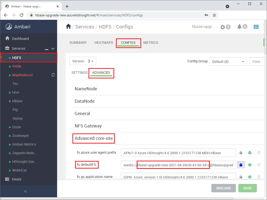 Ändern des Containernamens in Ambari unter „Services > HDFS > Configs > Advanced > Advanced core-site“