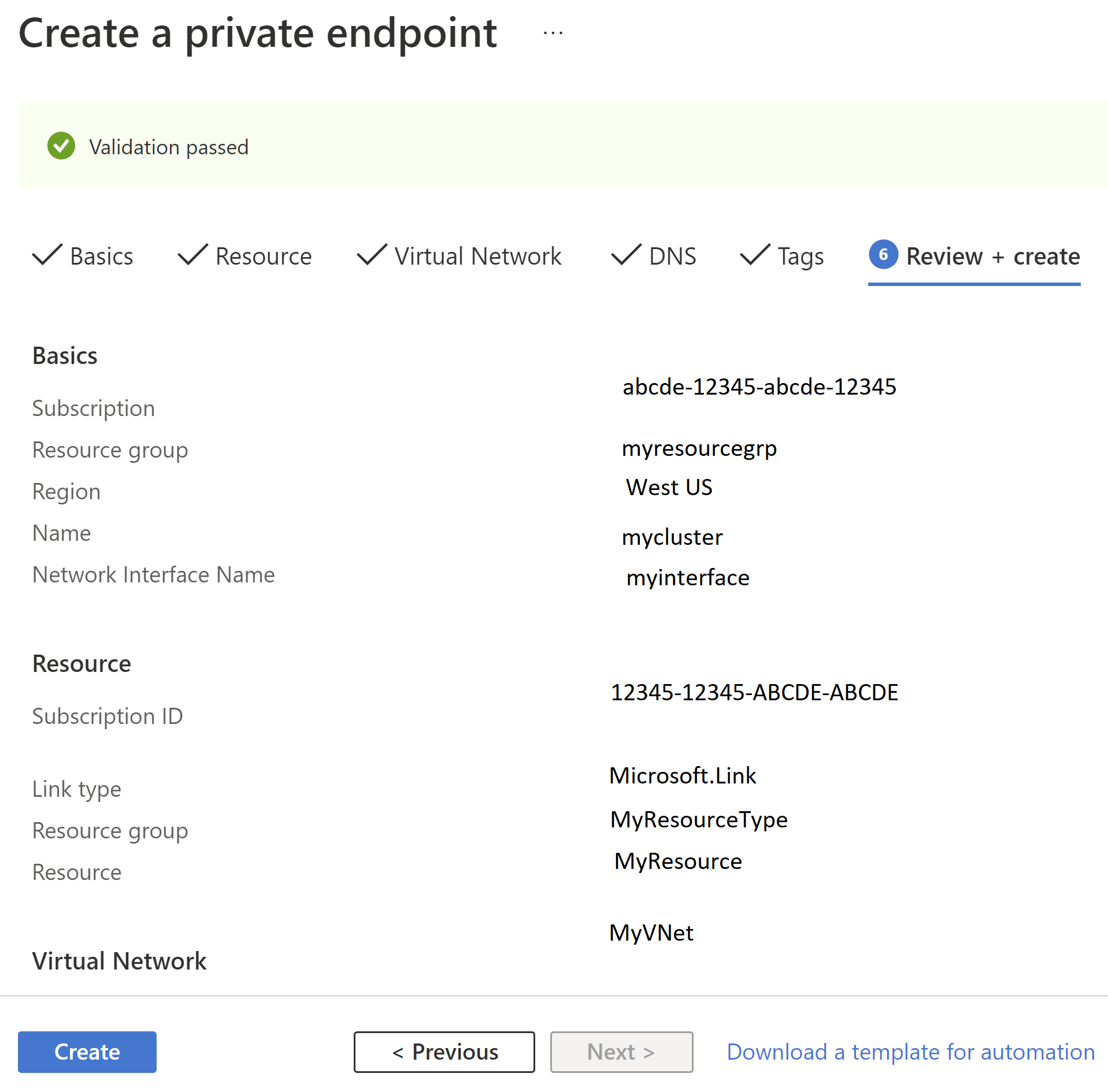 Diagramm der Private Link-Registerkarte „Überprüfen“.