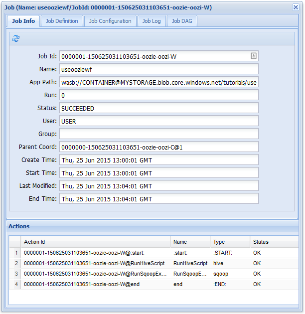 OOzie-Webkonsole – Registerkarte mit Auftragsinformationen.