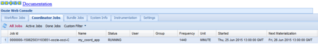 Registerkarte für Koordinatoraufträge in der Oozie-Webkonsole.