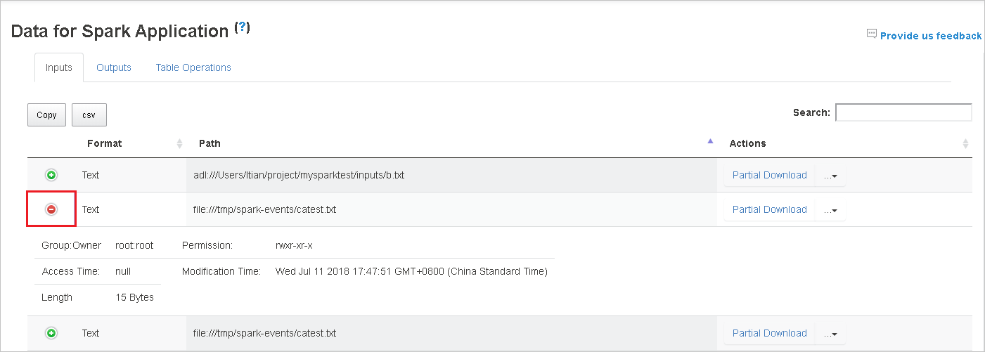 The data table on the Data for Spark Application page.