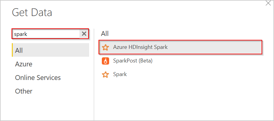 Screenshot, der zeigt, wie Daten aus Apache Spark BI in Power BI aufgenommen werden.