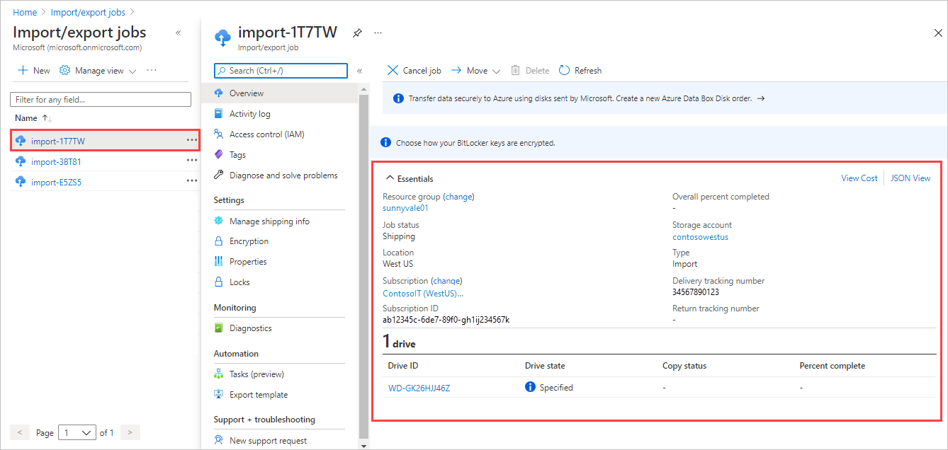 Screenshot der Übersicht für einen Azure-Import-Export-Auftrag im Azure-Portal. Der ausgewählte Auftrag und die Auftragsdetails sind hervorgehoben.