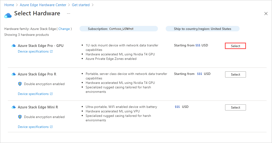 Screenshot: Auswählen eines Hardwareprodukts für eine Azure Edge Hardware Center-Bestellung. Die Schaltfläche „Auswählen“ für ein Produkt ist hervorgehoben.