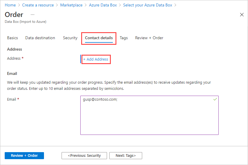 Screenshot: Registerkarte „Kontaktdetails“ für eine Data Box-Bestellung. Die Registerkarte „Kontaktdetails“ und die Option „+ Adresse hinzufügen“ sind hervorgehoben.