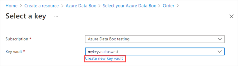 Screenshot: Einstellungen für den Verschlüsselungstyp auf der Registerkarte „Sicherheit“ für eine Data Box-Bestellung. Der Link „Neuen Schlüsseltresor erstellen“ ist hervorgehoben.