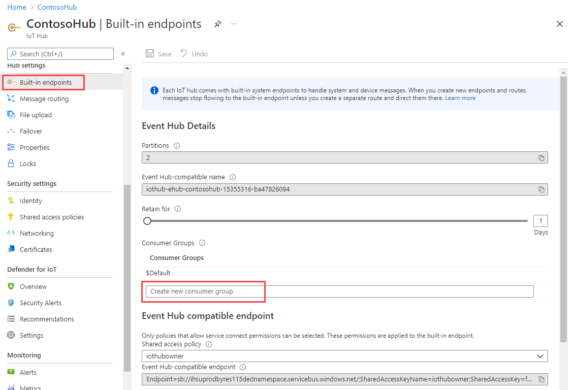 Screenshot: Erstellen einer Consumergruppe in Ihrem IoT-Hub