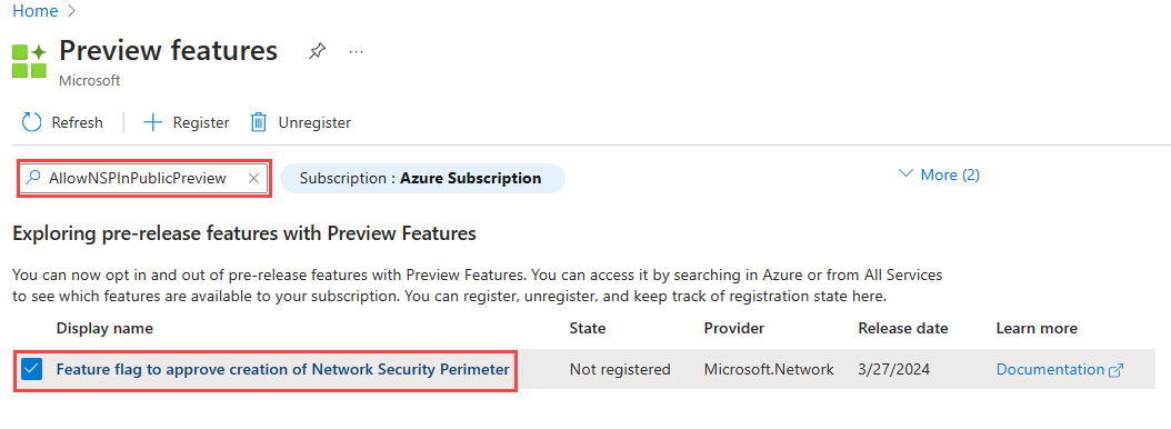 Screenshot: Hinzufügen des Featureflags für den Netzwerksicherheitsperimeter zum Azure-Abonnement.