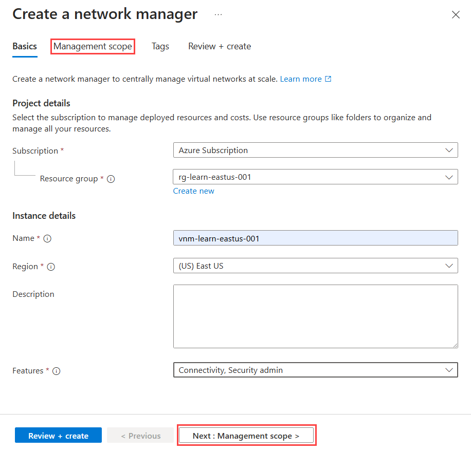 Screenshot der grundlegenden Informationen für die Erstellung eines Network Managers.