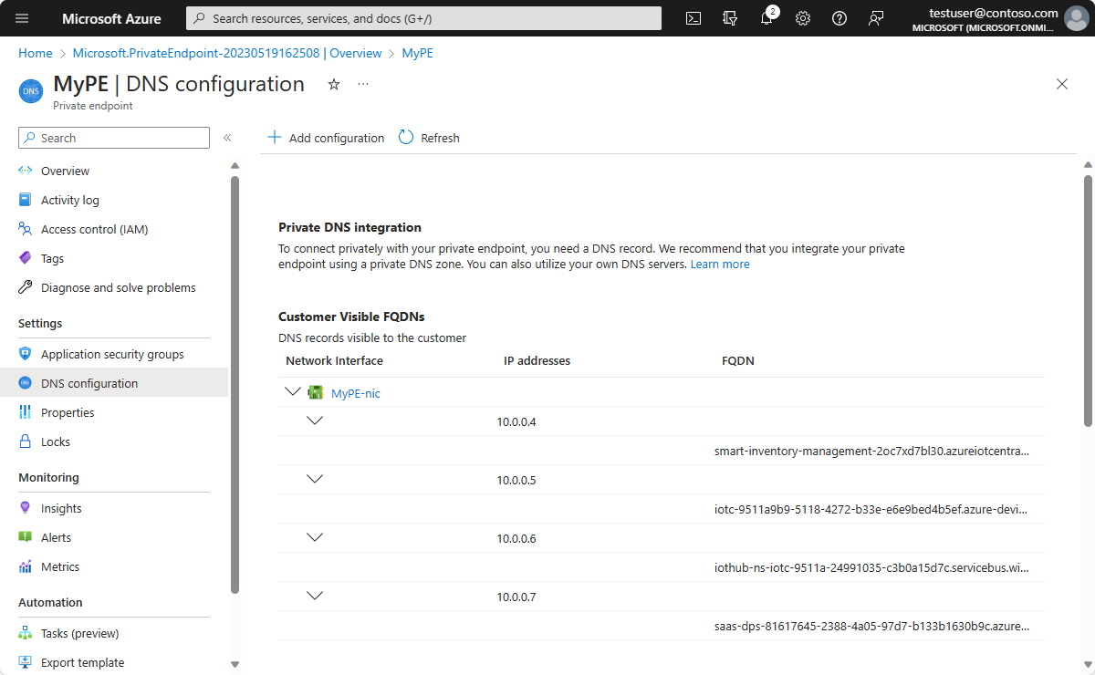 Screenshot aus dem Azure-Portal, der die private DNS-Konfiguration zeigt.