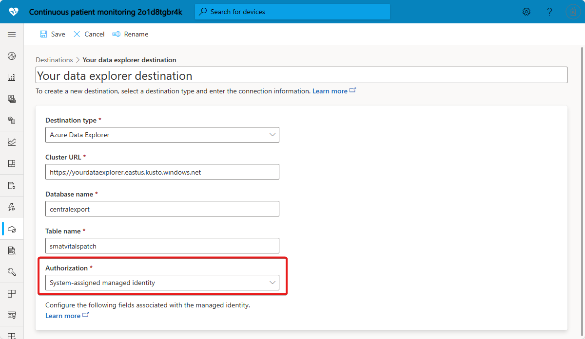 Screenshot: Azure Data Explorer-Exportziel, das eine verwaltete Identität verwendet