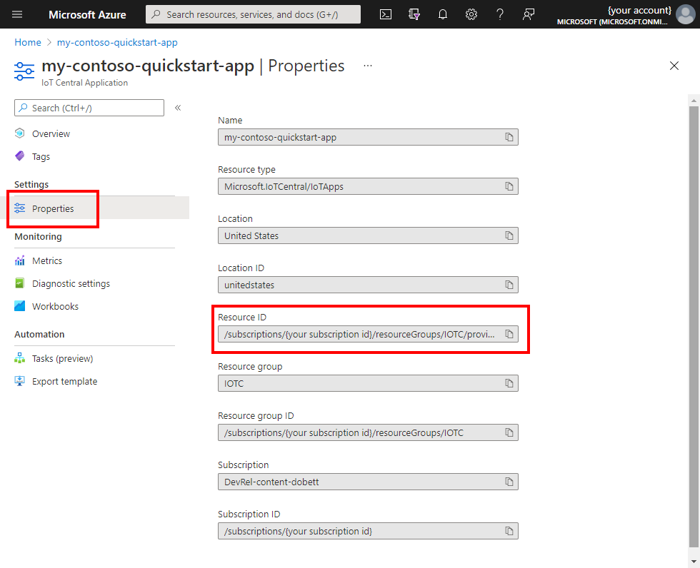 Rufen Sie die Ressourcen-ID aus den IoT Central-Eigenschaften ab.