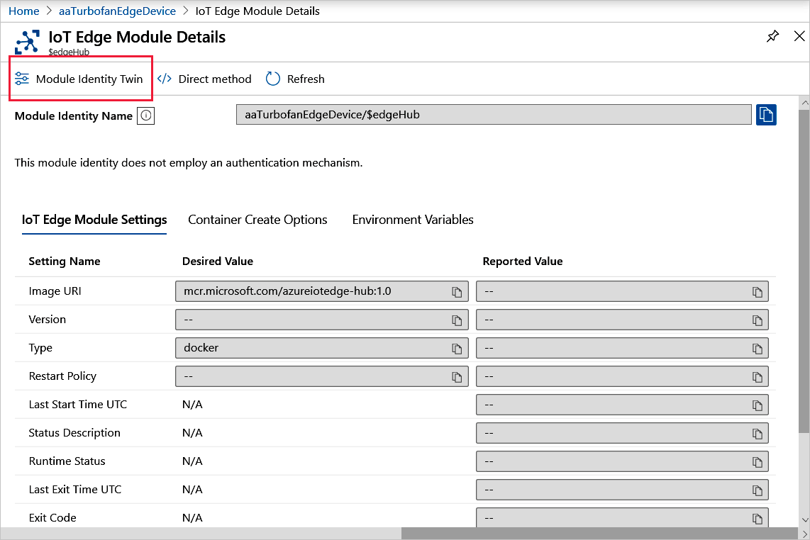 Screenshot, der zeigt, wie Sie einen Modulzwilling auswählen, um ihn im Azure-Portal anzuzeigen.