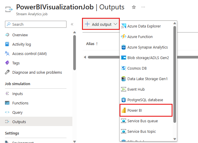 Screenshot: Auswählen von Power BI aus dem Menü „Ausgabe hinzufügen“.