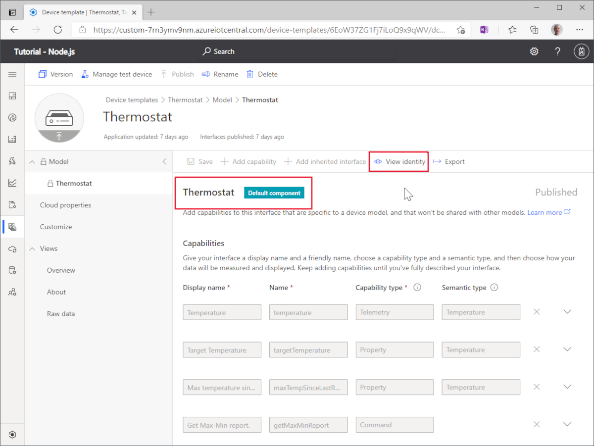 Screenshot des Moduls „Thermostat“ im Designertool für IoT Central-Gerätevorlagen