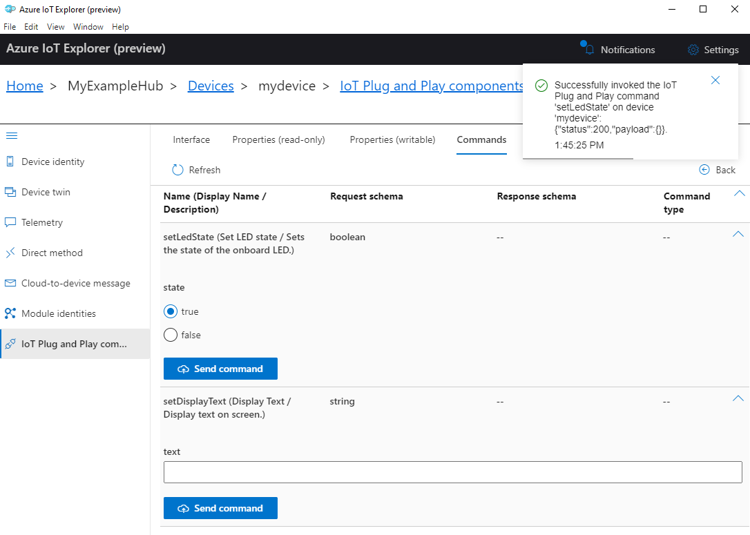 Screenshot: Aufrufen der setLedState-Methode in IoT Explorer