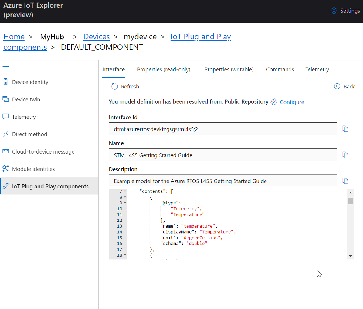 Screenshot: STM-DevKit-Standardkomponente in IoT Explorer