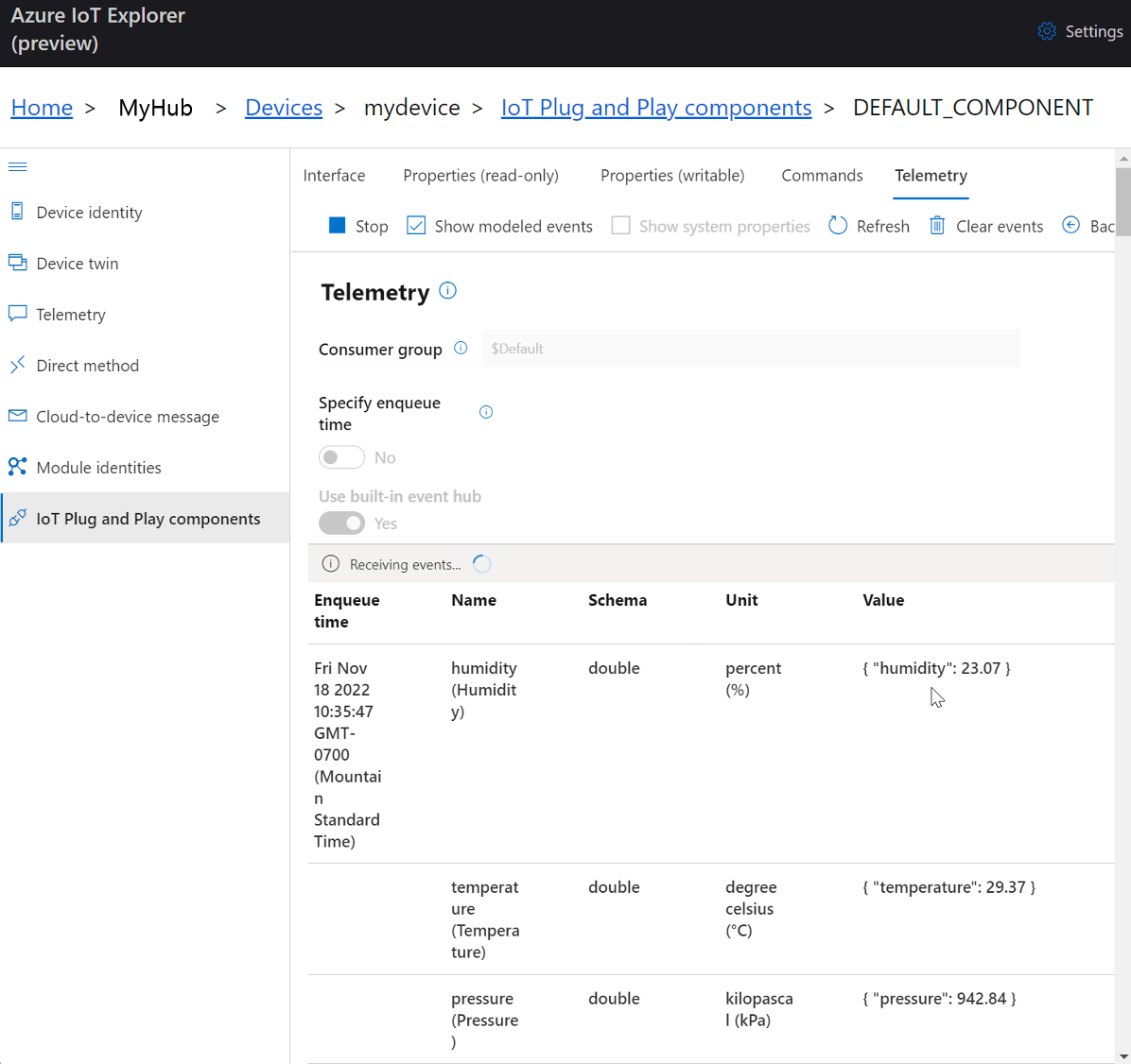 Screenshot: Modellierte Telemetrieereignisse in IoT Explorer