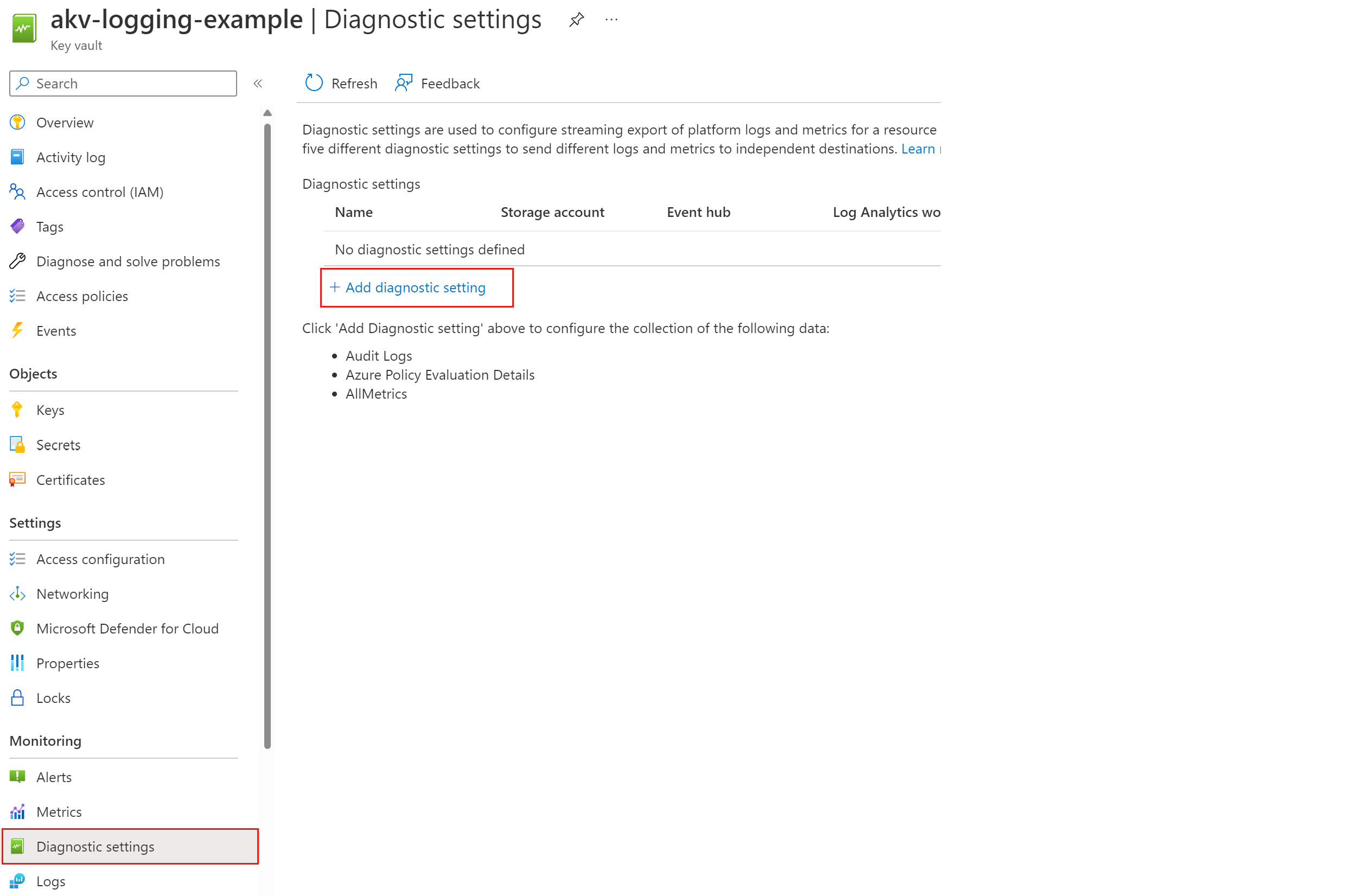 Screenshot der Auswahl von Diagnoseeinstellungen