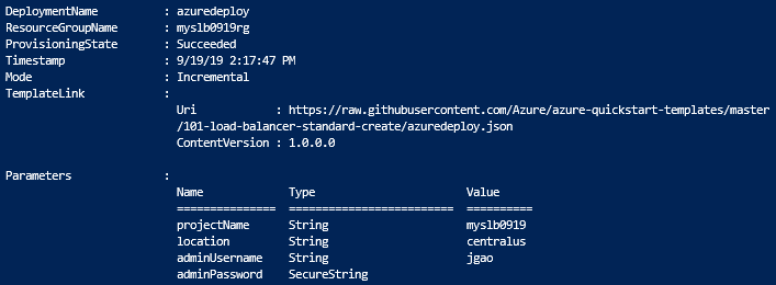 Azure Load Balancer Standard – Resource Manager-Vorlage: PowerShell-Bereitstellungsausgabe