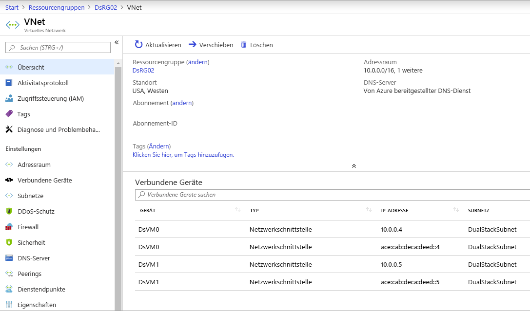 Virtuelles IPv6-Dual Stack-Netzwerk in Azure