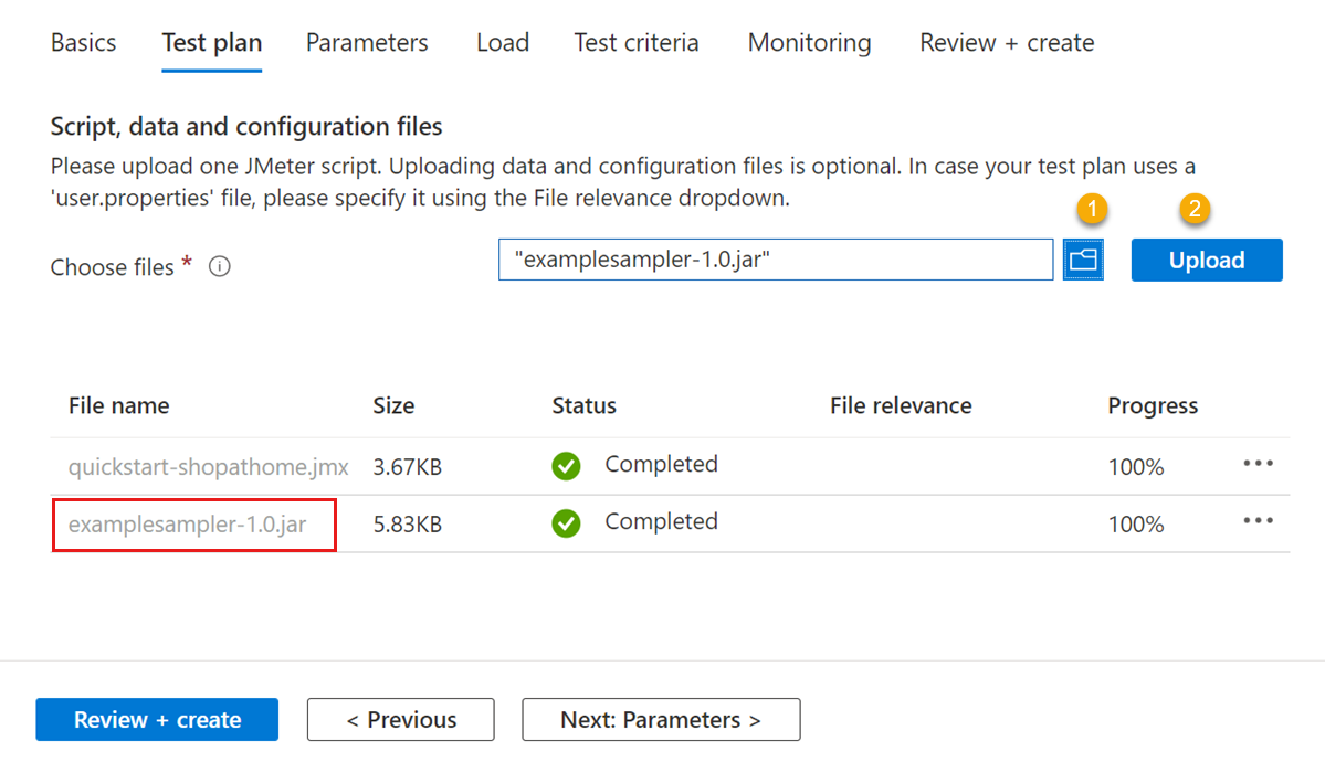 Screenshot, der die Schritte zum Hochladen einer JAR-Datei auf der Registerkarte „Testplan“ im Bereich „Test bearbeiten“ zeigt.