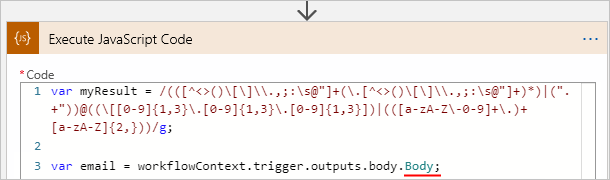 Screenshot: Logik-App-Workflow vom Typ „Verbrauch“, Aktion „JavaScript-Code ausführen“ und die umbenannte Eigenschaft „Text“ mit schließendem Semikolon