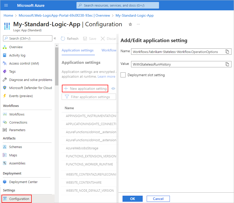 Screenshot der Standard-Logik-App und des Bereichs „Anwendung hinzufügen/bearbeiten“ mit Workflows.{yourWorkflowName}.OperationOptions auf „WithStatelessRunHistory“ festgelegt.