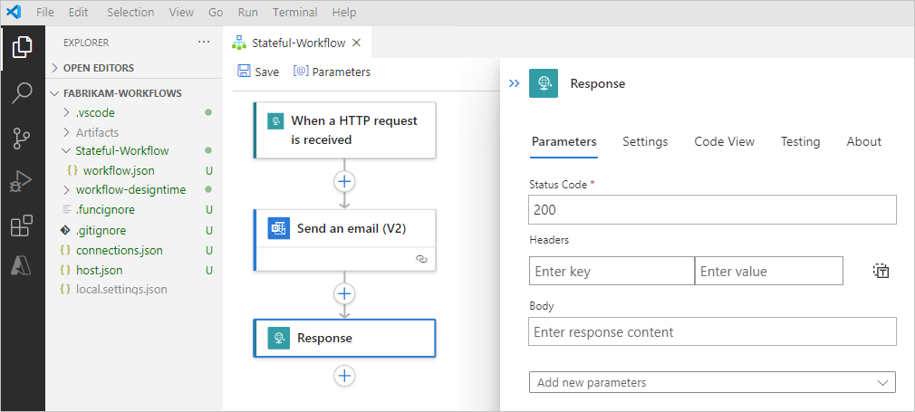 Screenshot, der Visual Studio Code, Logik-App-Projekt und Workflow zeigt.