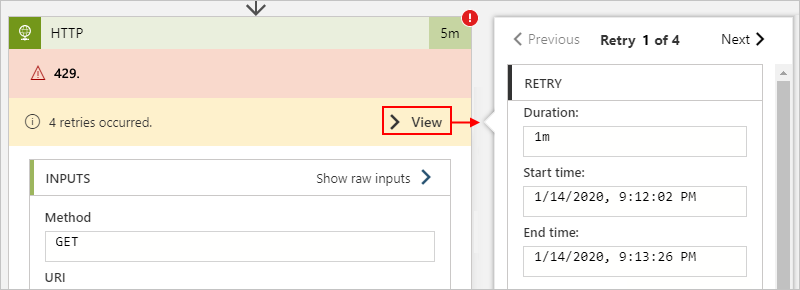 Screenshot zeigt den Verbrauchsworkflow mit Ausführungsverlauf, Wiederholungsversuchen, Eingaben und Ausgaben für eine HTTP-Aktion.