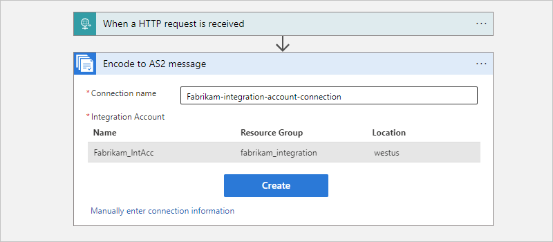 Screenshot eines Verbrauchsworkflows mit Verbindungsinformationen für „In AS2-Nachricht codieren“.